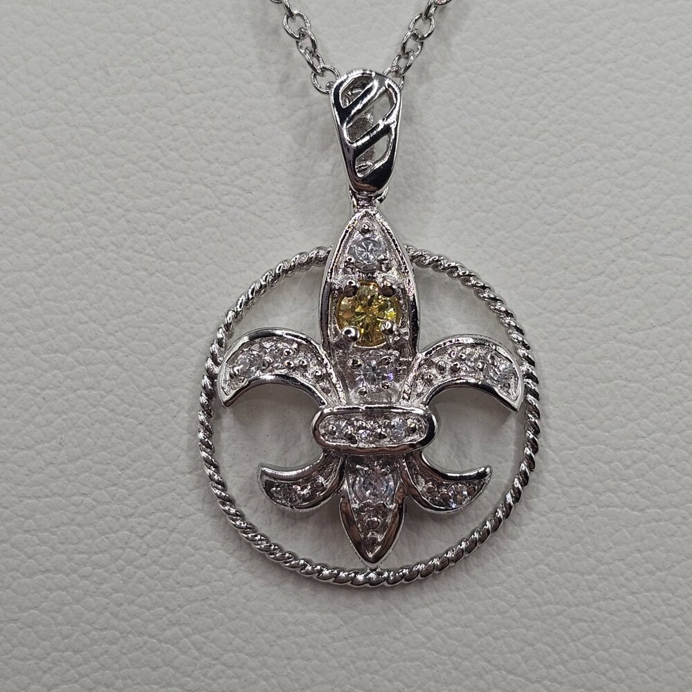 Sterling Silver 925 Yellow Clear CZ Rhodium Plated Fleur De Lis Pendant Necklace